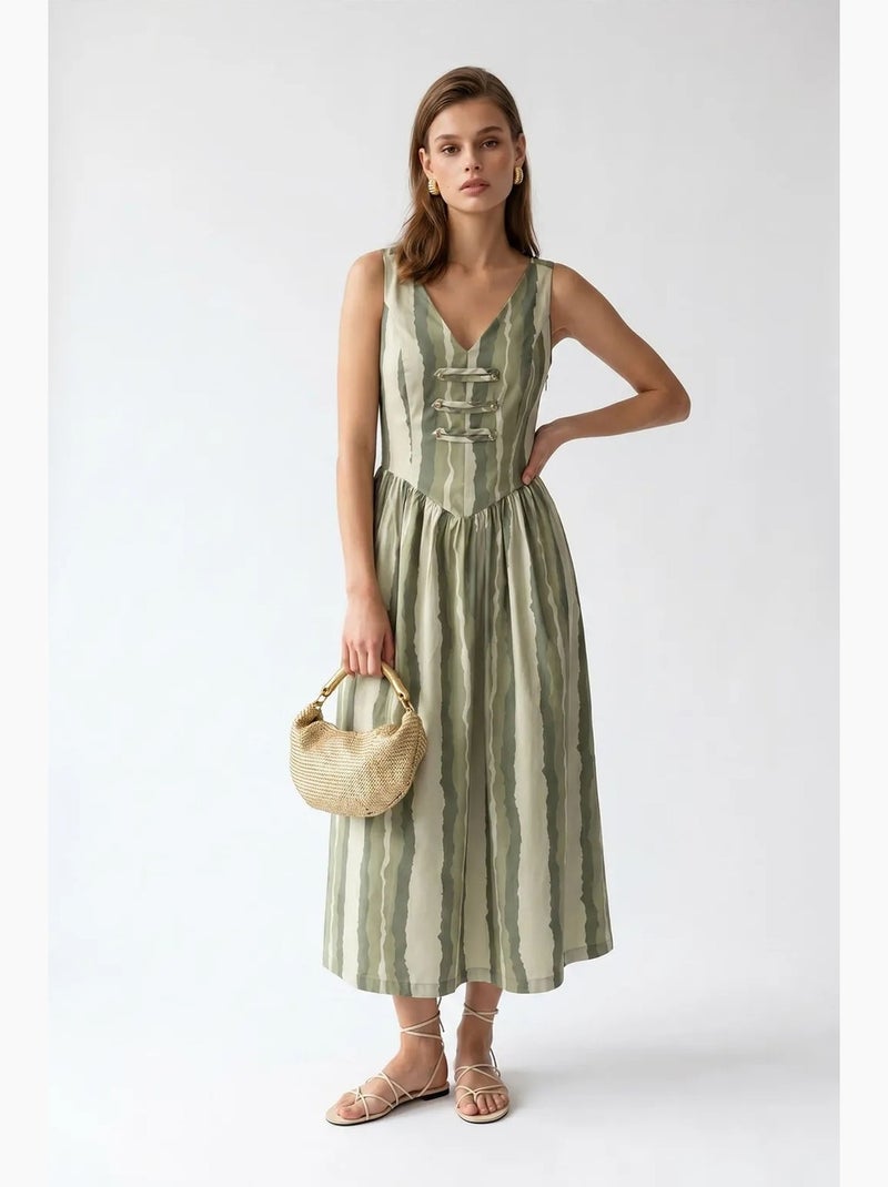 Vestido midi às riscas em linha a com detalhe de amarração mixray Verde - Kiabi