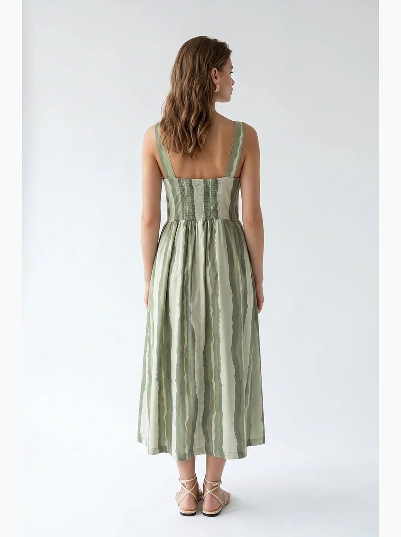 Vestido midi às riscas em linha a com detalhe de amarração mixray Verde - Kiabi