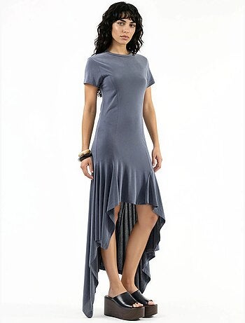 Vestido midi assimétrico com decote redondo busem