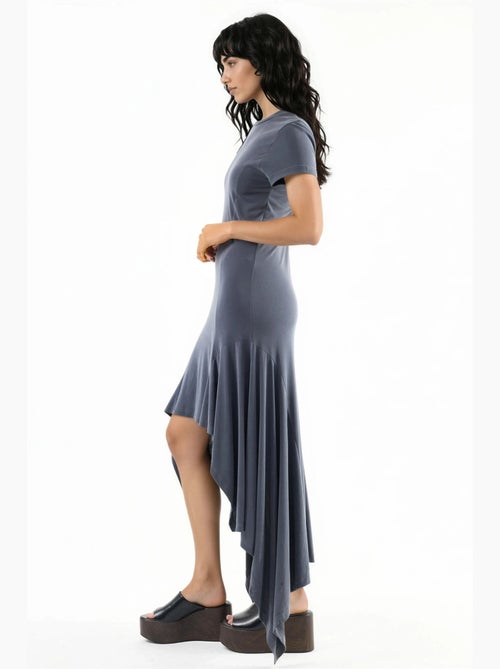 Vestido midi assimétrico com decote redondo busem - Kiabi Vestido midi assimétrico com decote redondo busem - Kiabi