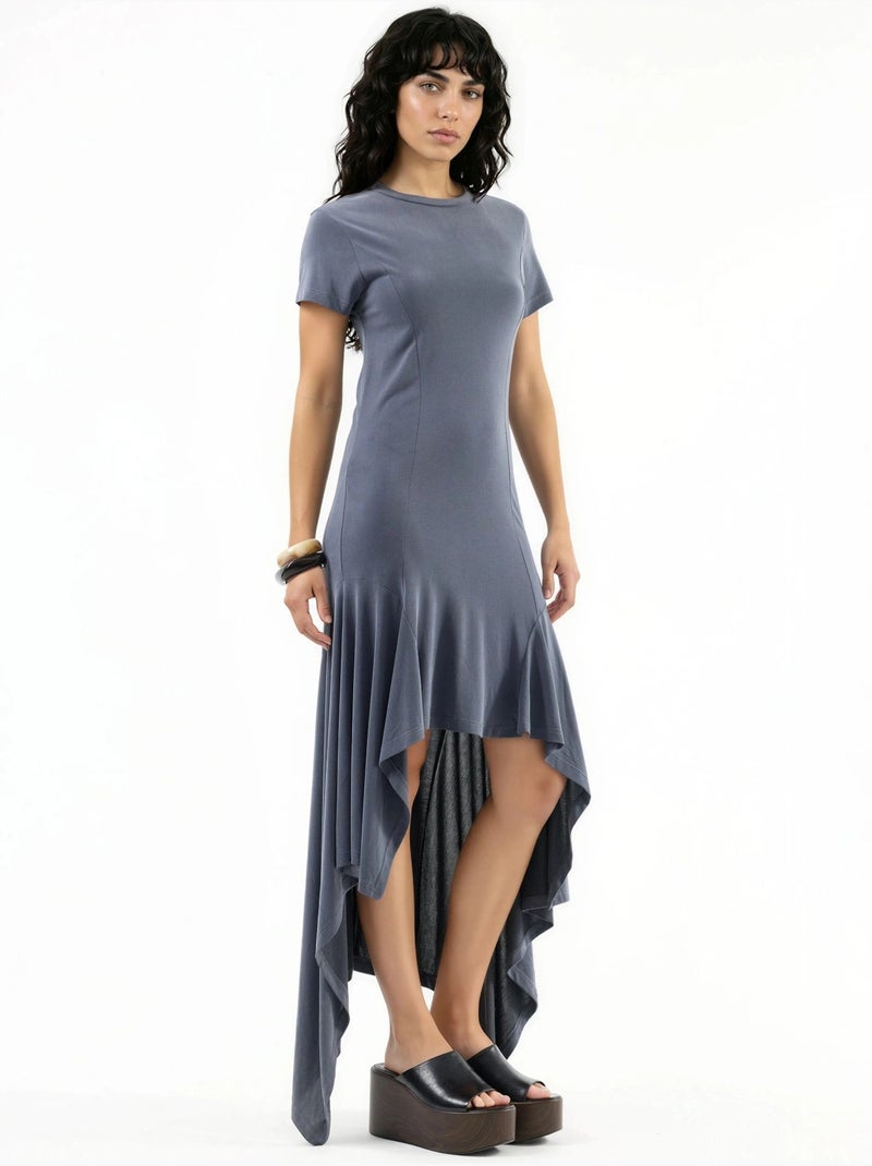 Vestido midi assimétrico com decote redondo busem Cinza escuro - Kiabi