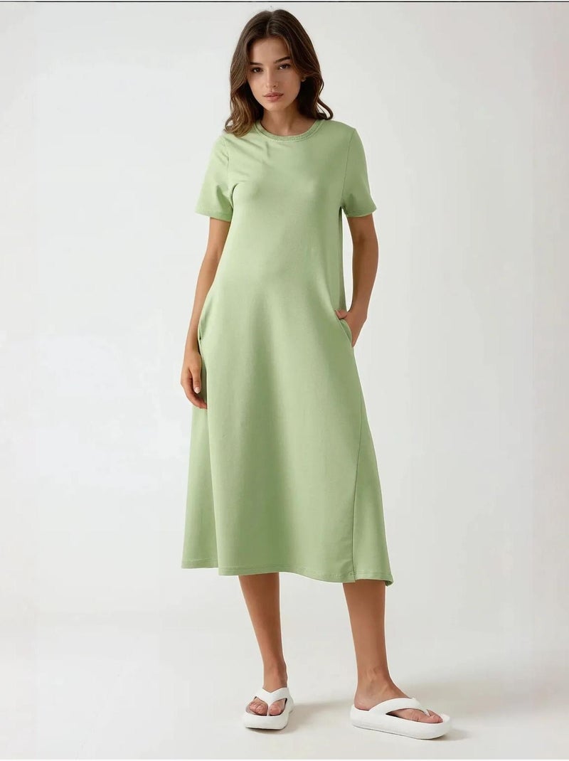 Vestido midi básico com decote redondo e manga curta, hiccup Verde pastel - Kiabi