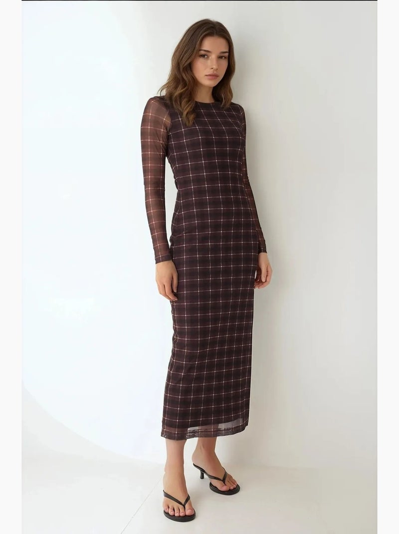 Vestido midi bodycon aos quadrados hiccup Castanho-chocolate - Kiabi