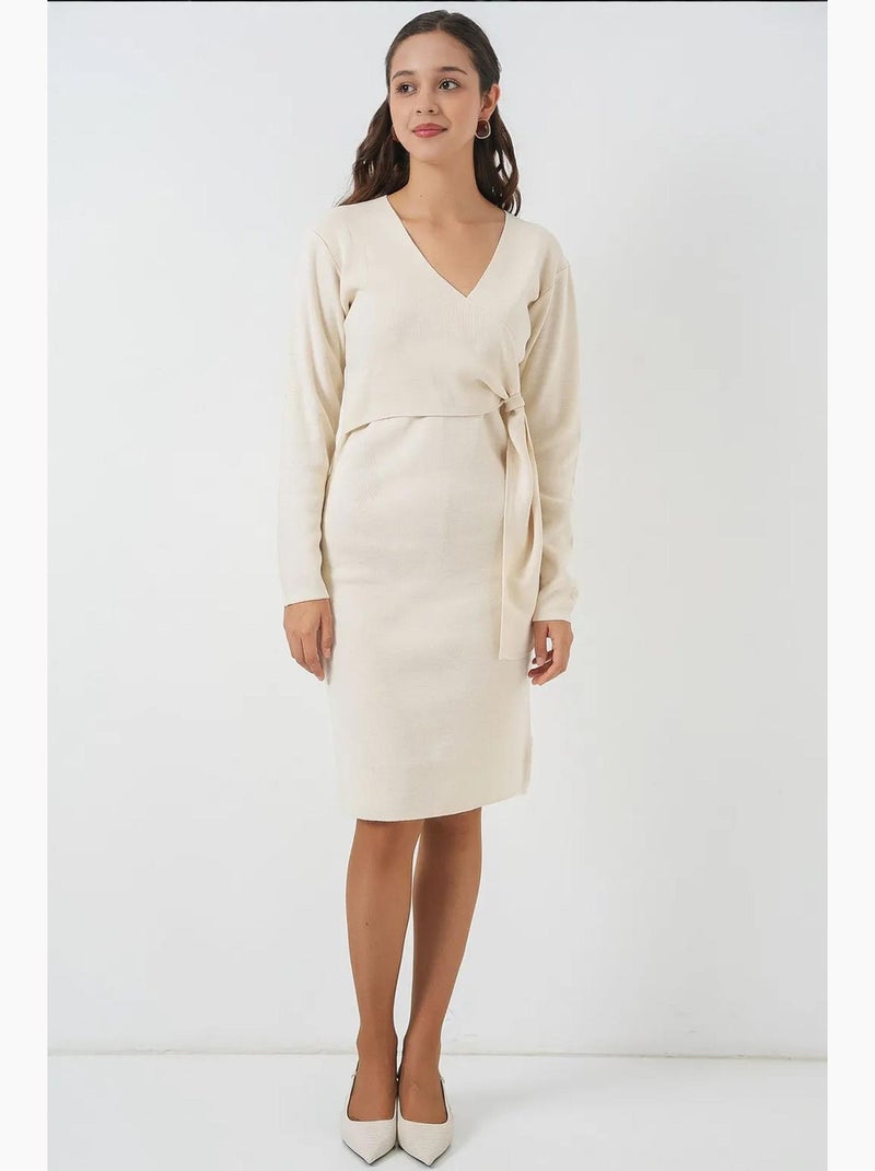 Vestido midi bodycon com decote em v e fecho com laço bdart Marfim - Kiabi