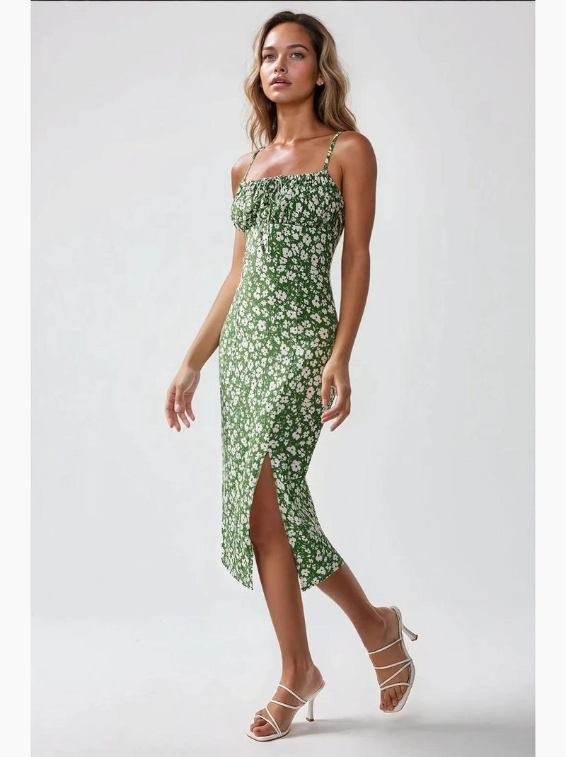Vestido midi bodycon com estampado floral all-over e racha hiccup Verde garrafa - Kiabi