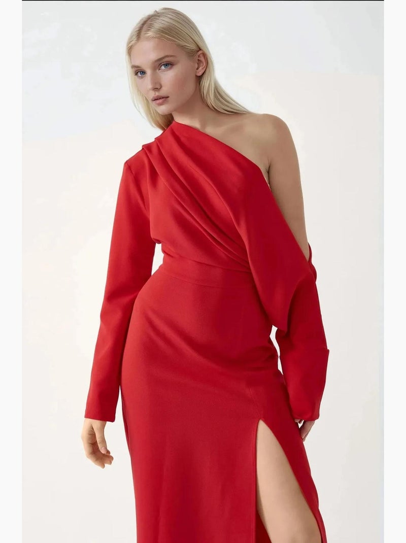 Vestido midi bodycon com gola assimétrica e racha hiccup Vermelho - Kiabi