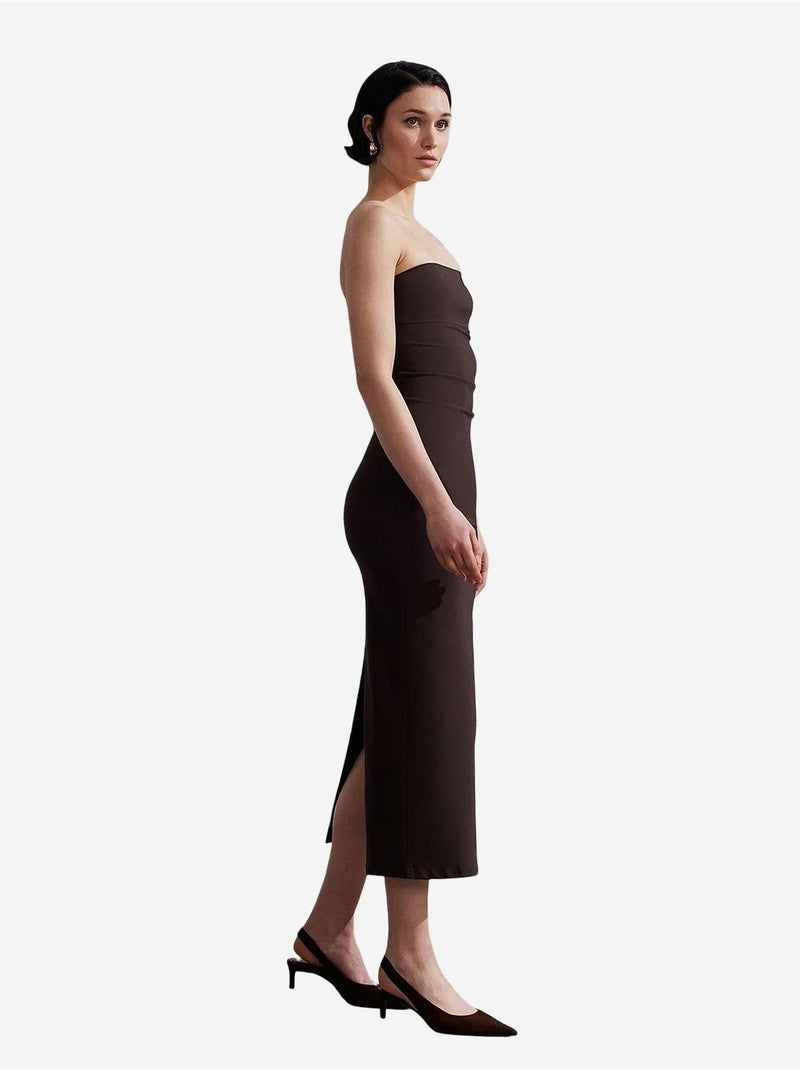 Vestido midi bodycon sem alças com racha dilvin Castanho-chocolate - Kiabi