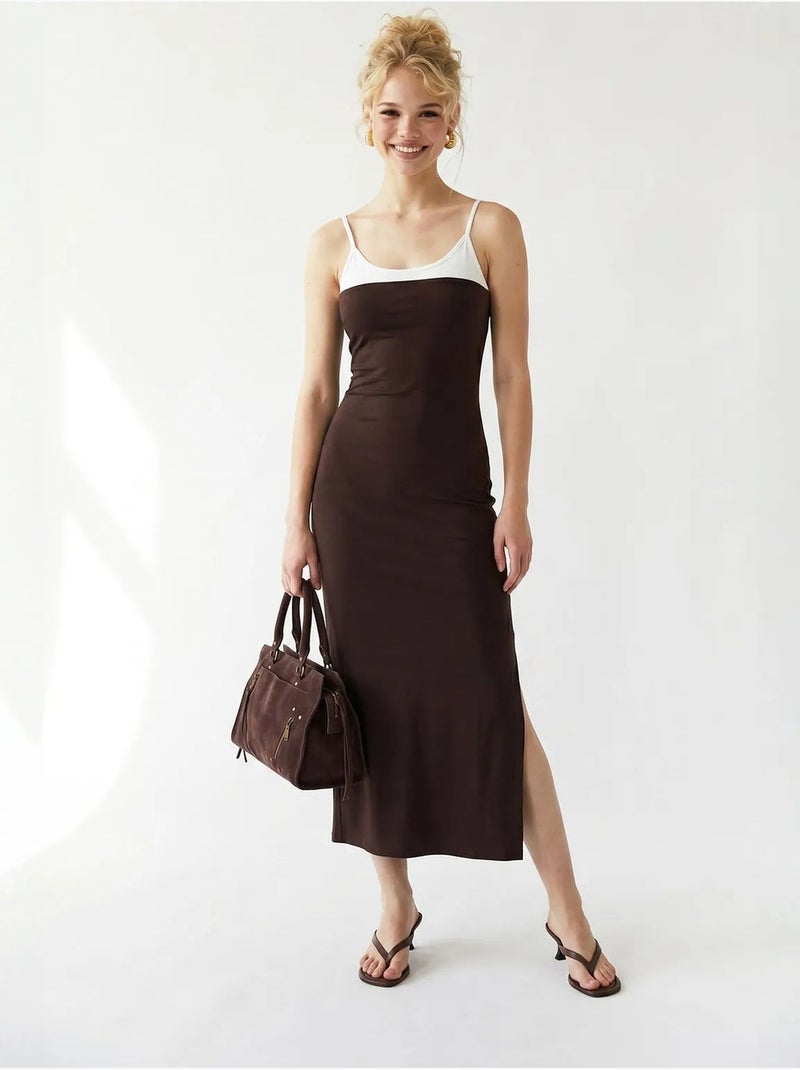 Vestido midi bodycon sem mangas com fenda mixray Castanho-chocolate - Kiabi