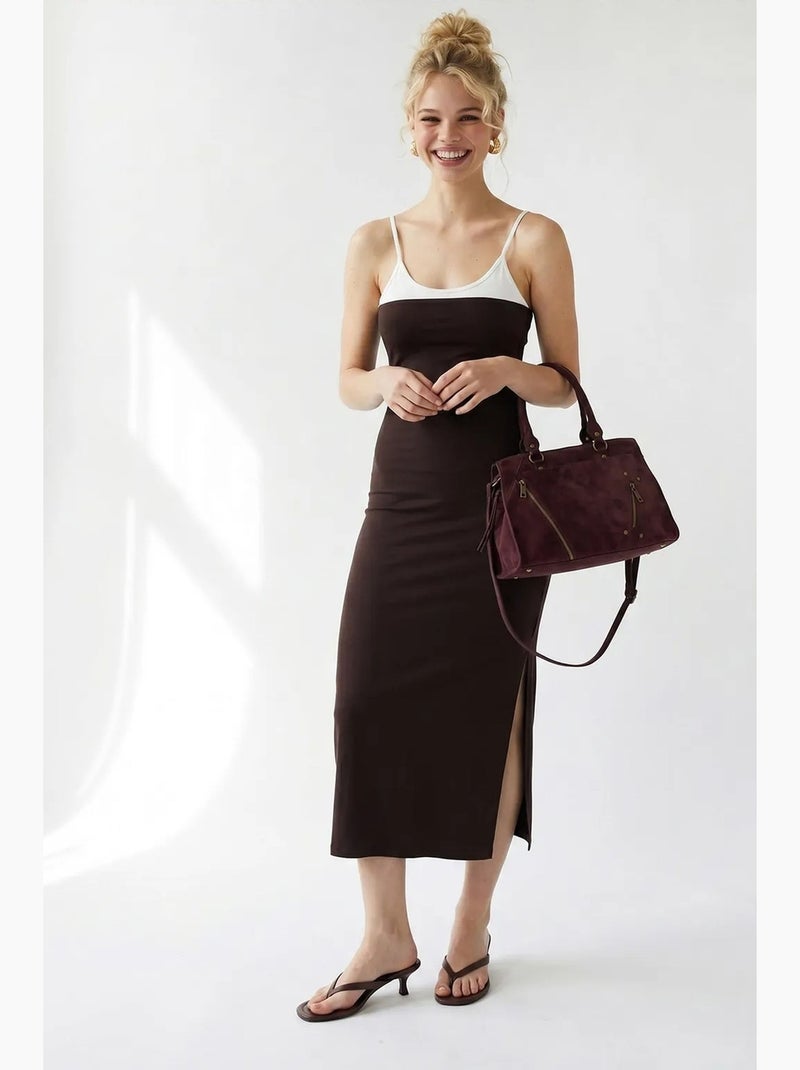 Vestido midi bodycon sem mangas com fenda mixray Castanho-chocolate - Kiabi