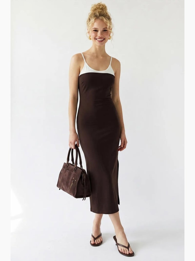 Vestido midi bodycon sem mangas com fenda mixray Castanho-chocolate - Kiabi