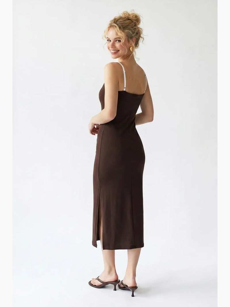 Vestido midi bodycon sem mangas com fenda mixray Castanho-chocolate - Kiabi