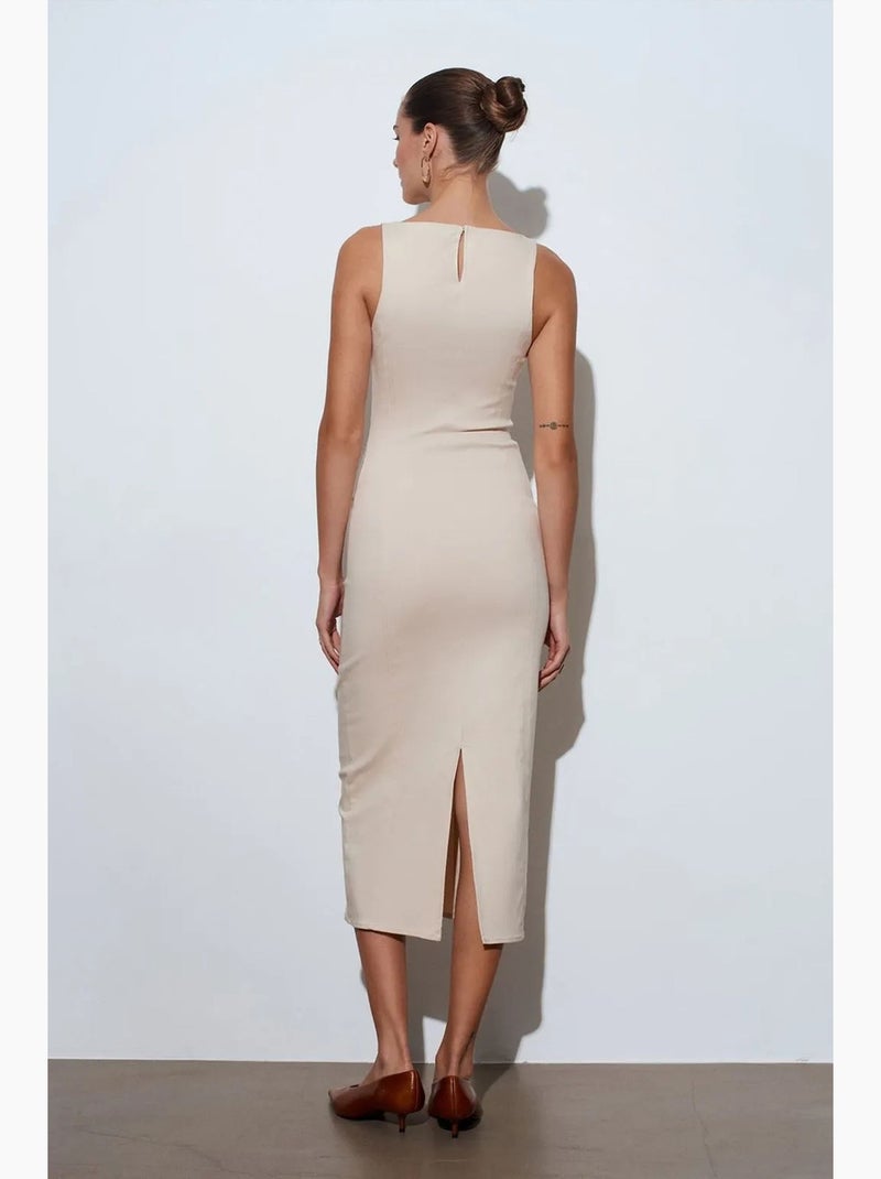 Vestido midi bodycon sem mangas com racha dilvin Bege-argila - Kiabi