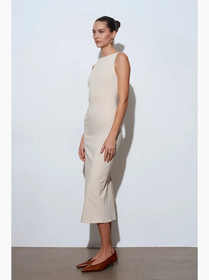 Vestido midi bodycon sem mangas com racha dilvin Bege-argila - Kiabi