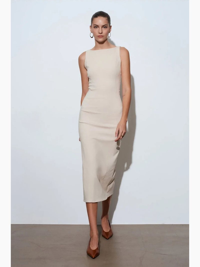Vestido midi bodycon sem mangas com racha dilvin Bege-argila - Kiabi