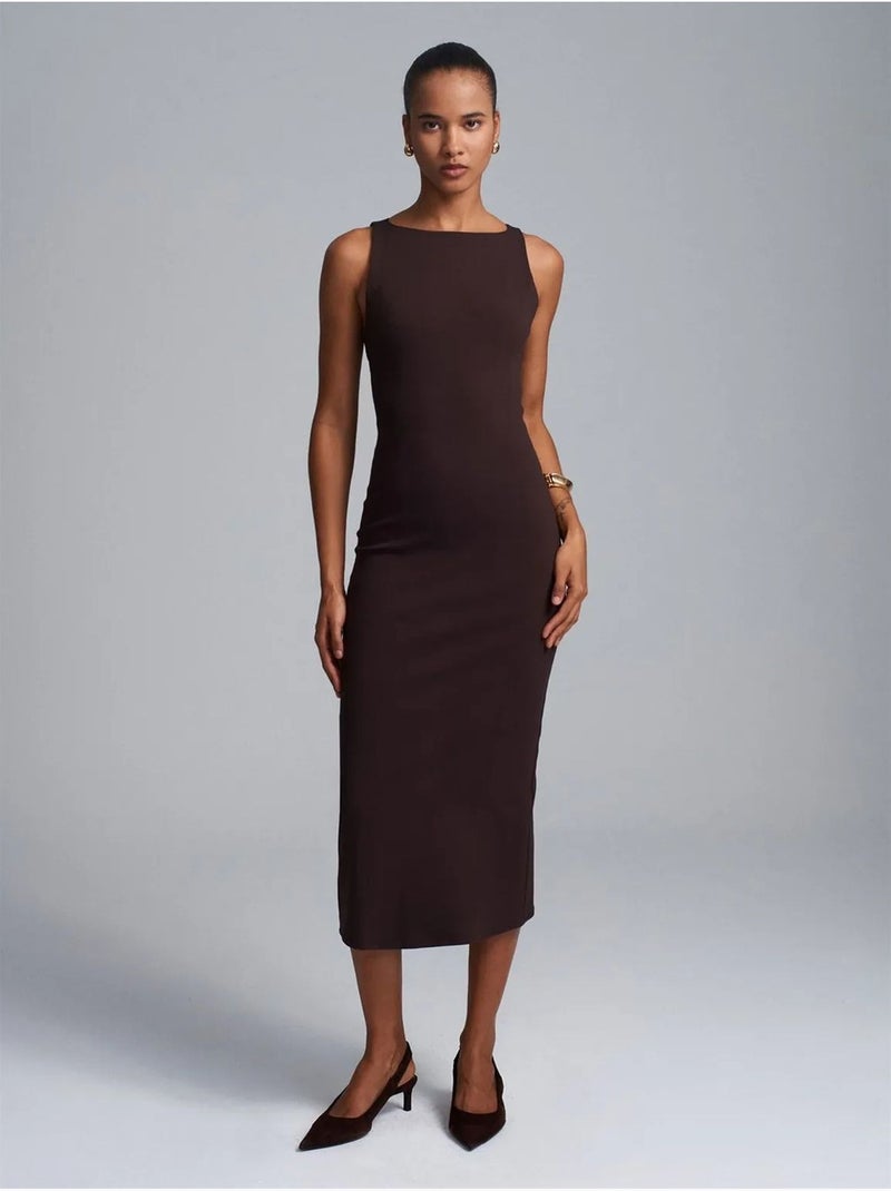 Vestido midi bodycon sem mangas com racha dilvin Castanho-escuro - Kiabi