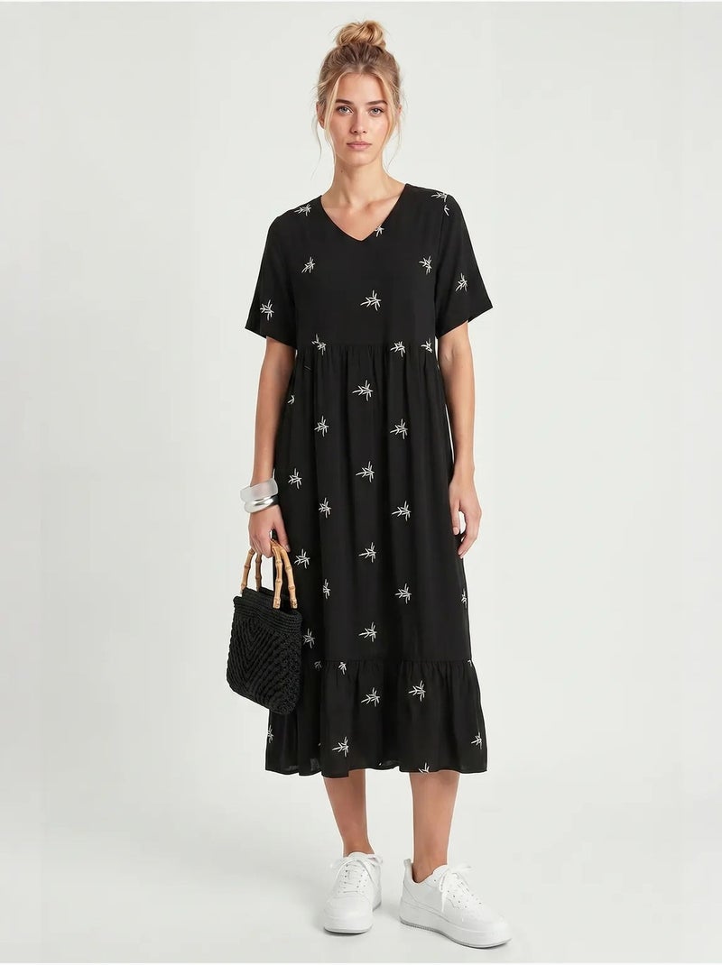 Vestido midi bordado com decote em v istanbul Preto - Kiabi