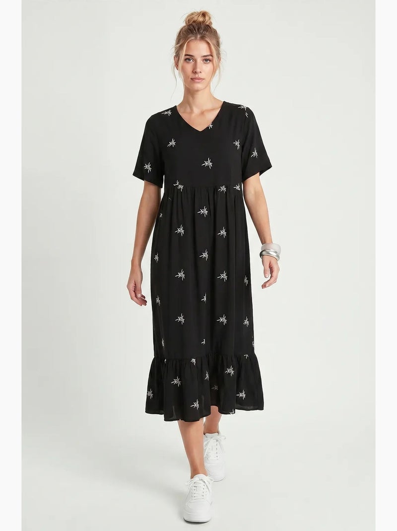 Vestido midi bordado com decote em v istanbul Preto - Kiabi