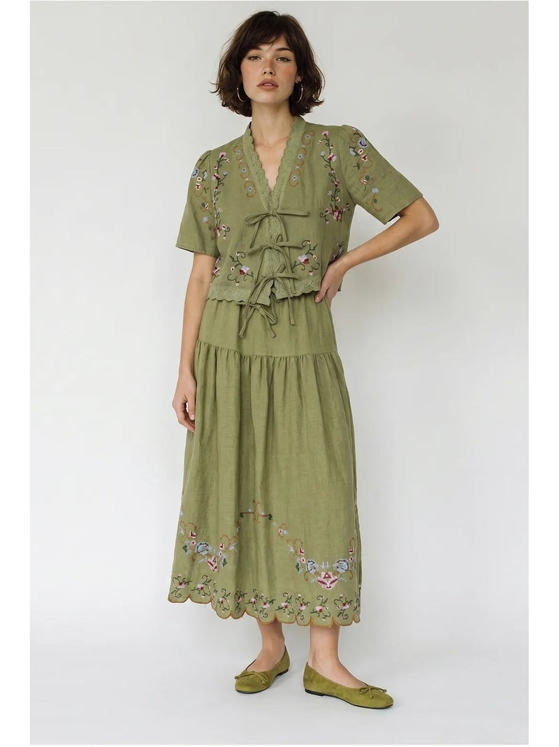 Vestido midi bordado com decote em v lucci Cáqui - Kiabi