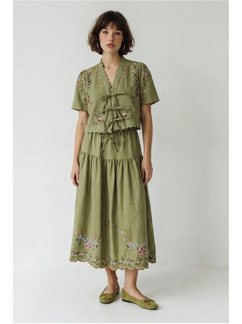 Vestido midi bordado com decote em v lucci Cáqui - Kiabi