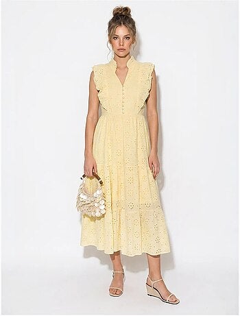 Vestido midi bordado em mistura de algodão lucci