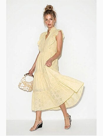 Vestido midi bordado em mistura de algodão lucci