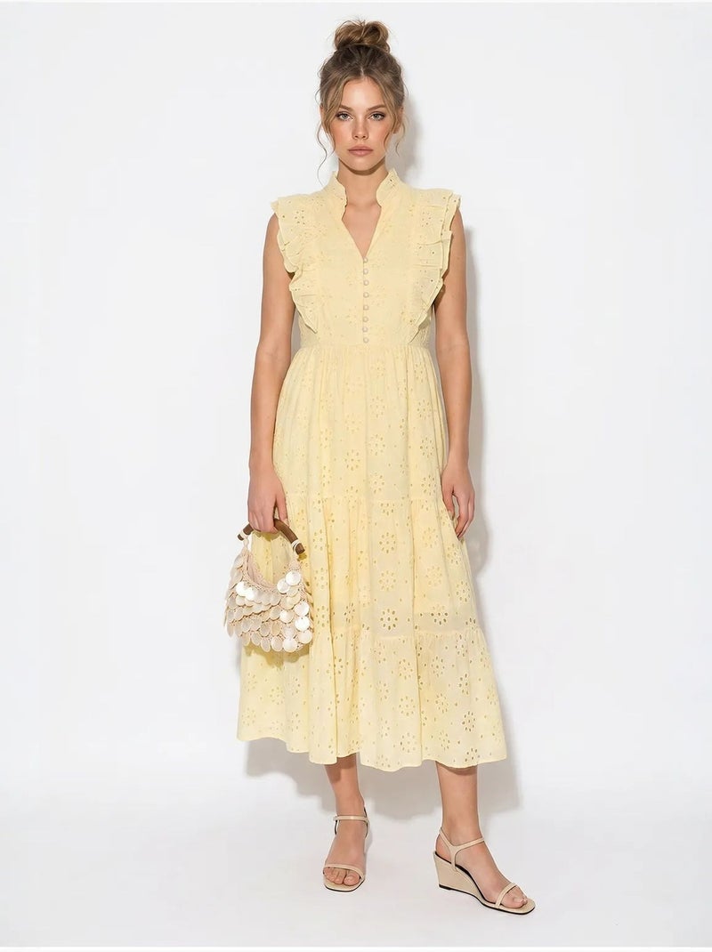 Vestido midi bordado em mistura de algodão lucci Amarelo-limão - Kiabi