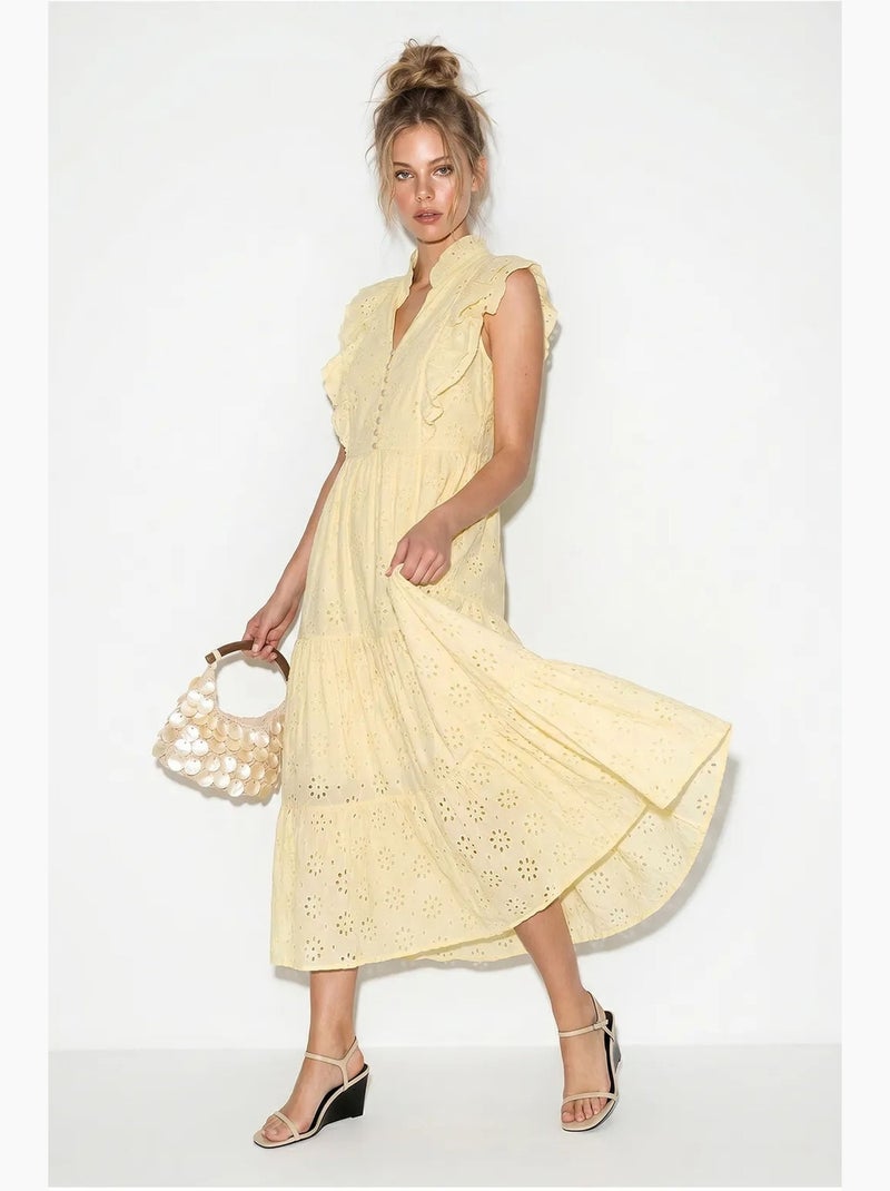 Vestido midi bordado em mistura de algodão lucci Amarelo-limão - Kiabi