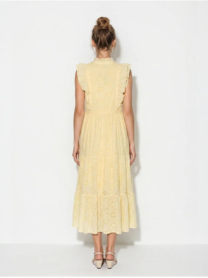 Vestido midi bordado em mistura de algodão lucci Amarelo-limão - Kiabi