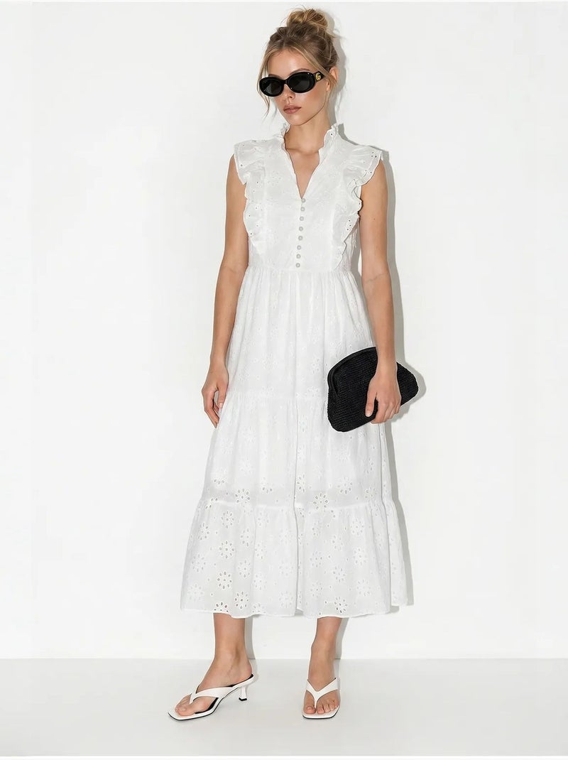Vestido midi bordado em mistura de algodão lucci Branco - Kiabi