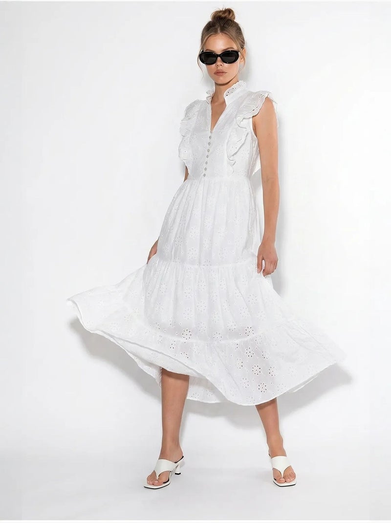 Vestido midi bordado em mistura de algodão lucci Branco - Kiabi