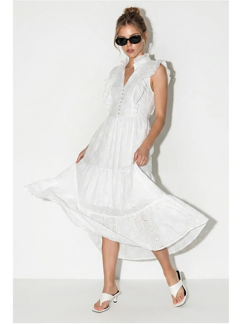 Vestido midi bordado em mistura de algodão lucci Branco - Kiabi