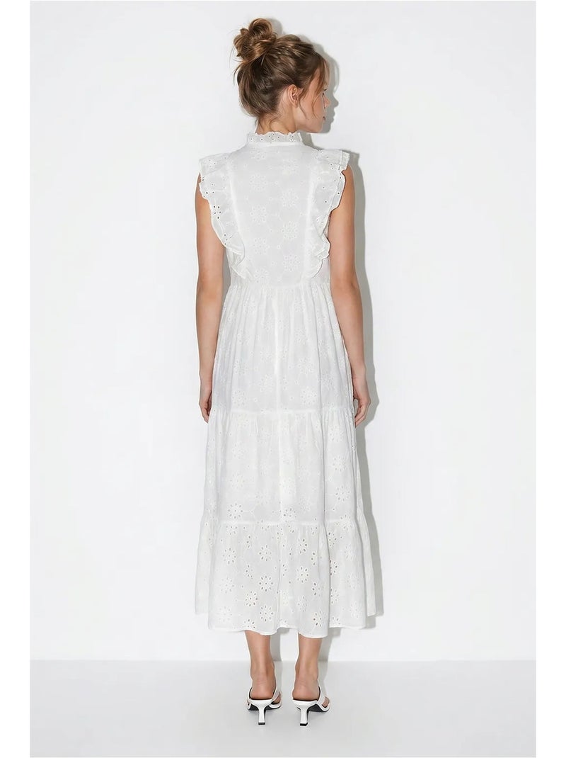 Vestido midi bordado em mistura de algodão lucci Branco - Kiabi
