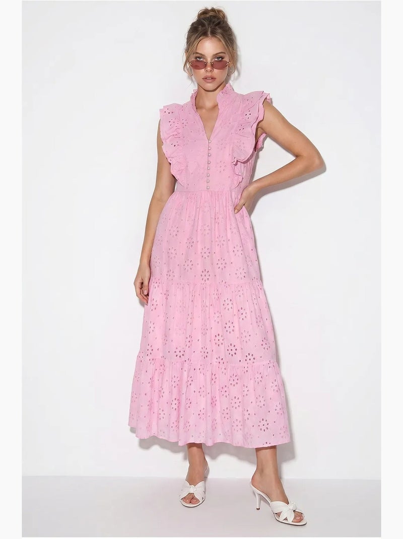 Vestido midi bordado em mistura de algodão lucci Rosa - Kiabi