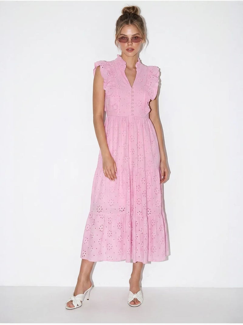 Vestido midi bordado em mistura de algodão lucci Rosa - Kiabi