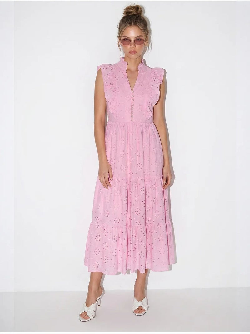 Vestido midi bordado em mistura de algodão lucci Rosa - Kiabi