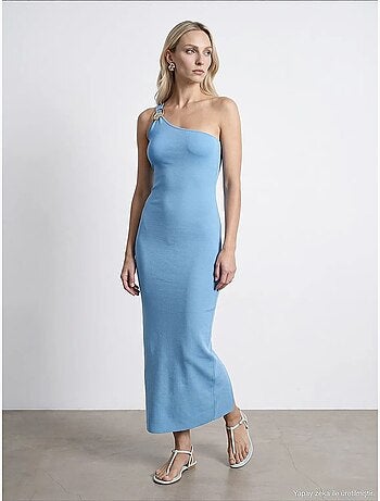 Vestido midi canelado assimétrico de um ombro só dilvin