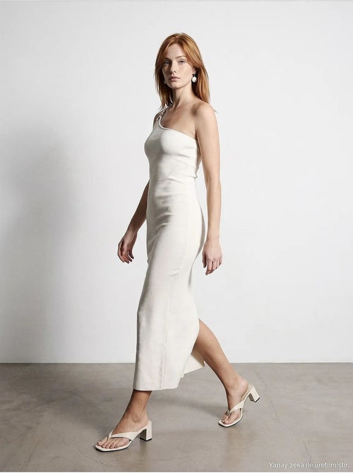 Vestido midi canelado assimétrico de um ombro só dilvin - Kiabi Vestido midi canelado assimétrico de um ombro só dilvin - Kiabi