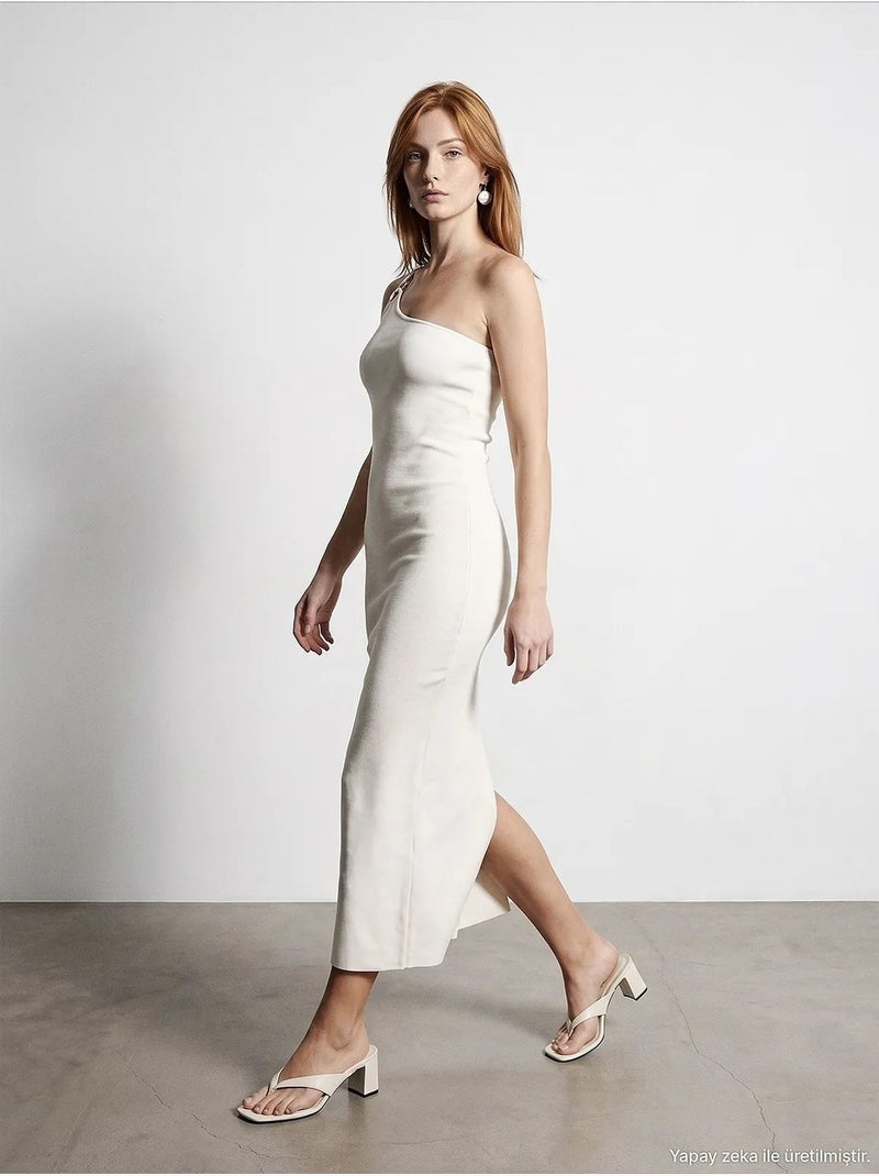Vestido midi canelado assimétrico de um ombro só dilvin Branco sujo - Kiabi