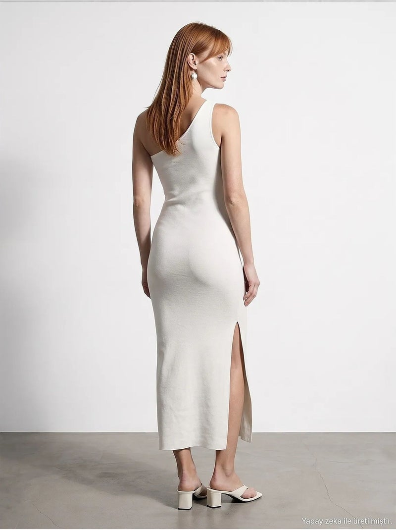 Vestido midi canelado assimétrico de um ombro só dilvin Branco sujo - Kiabi