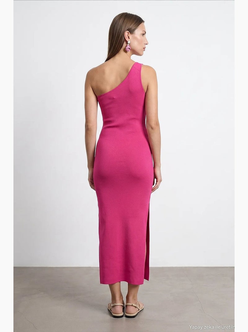 Vestido midi canelado assimétrico de um ombro só dilvin Magenta - Kiabi