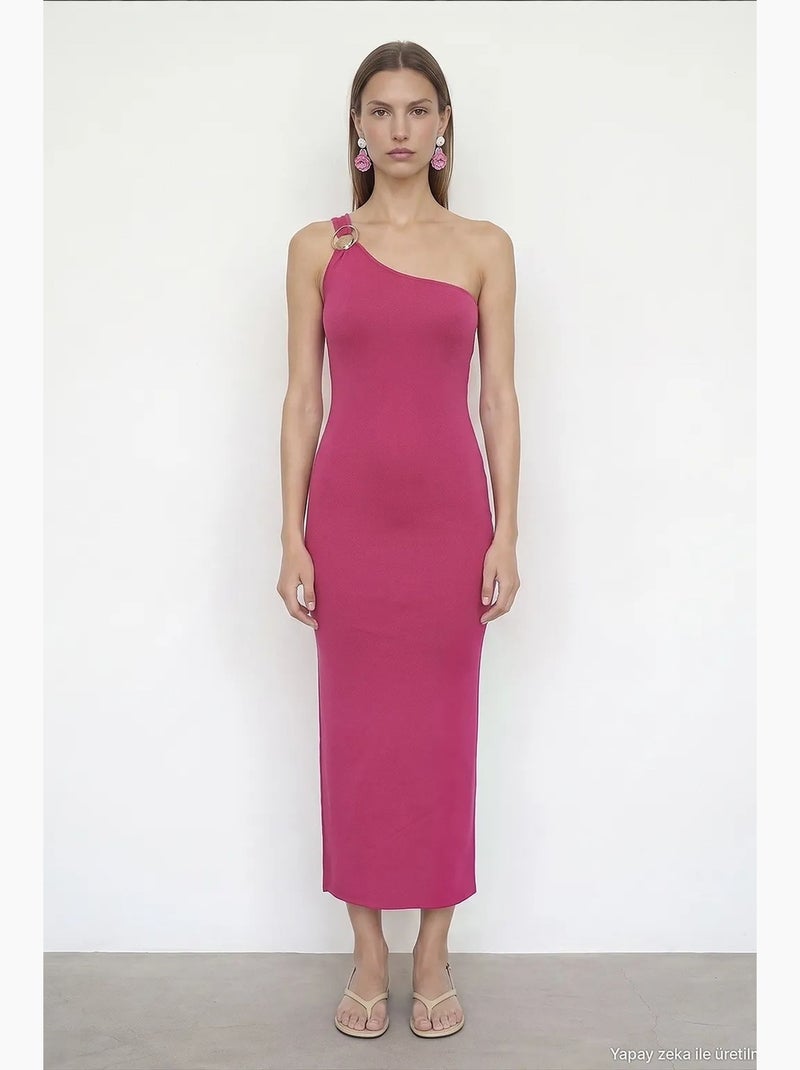 Vestido midi canelado assimétrico de um ombro só dilvin Magenta - Kiabi