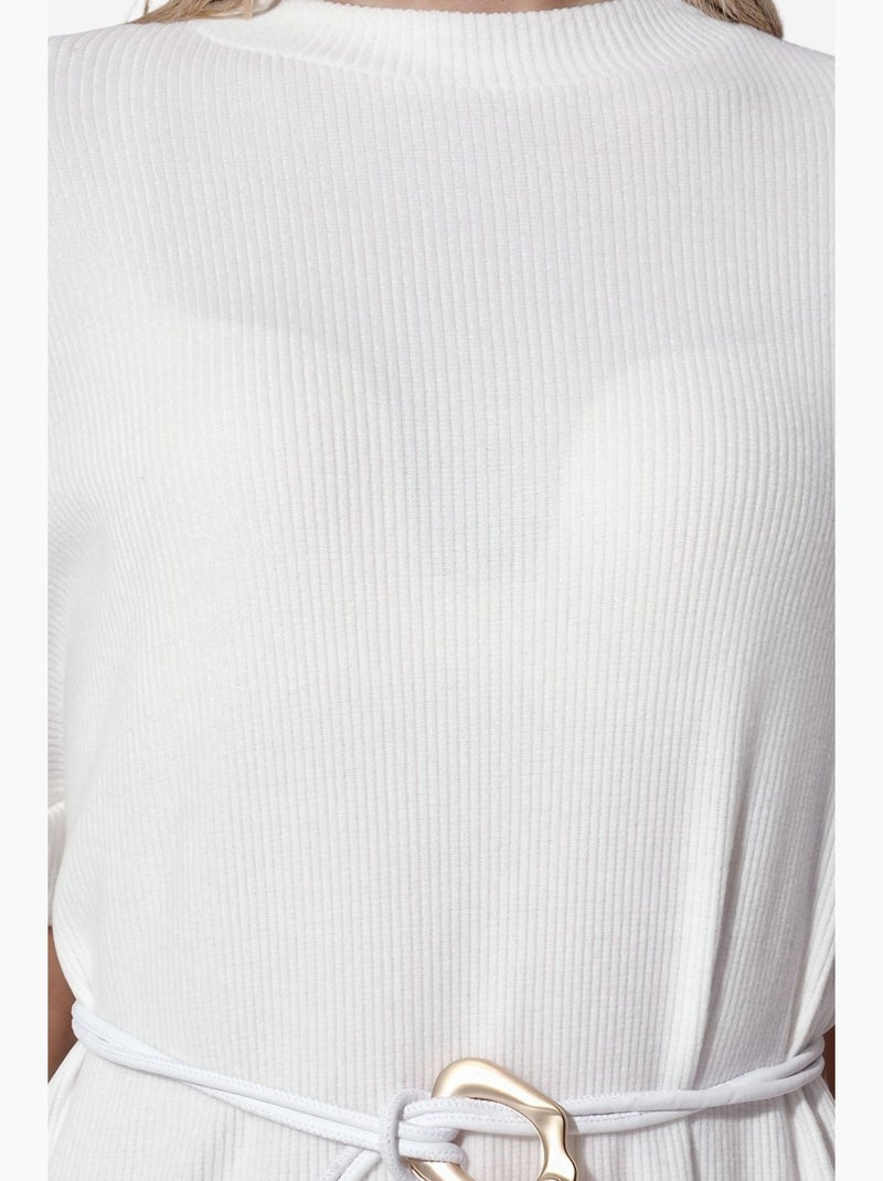 Vestido midi canelado com cinto busem Branco sujo - Kiabi
