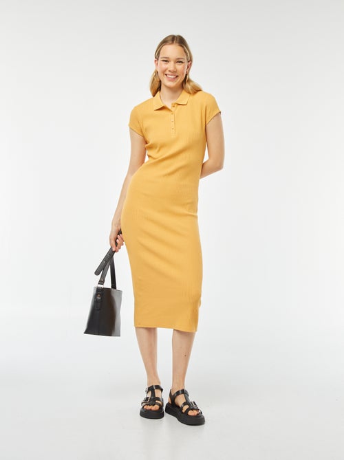 Vestido midi canelado com gola polo - Kiabi