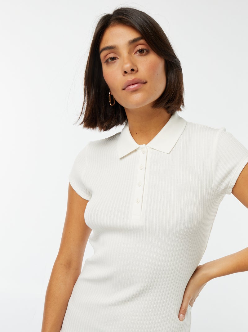 Vestido midi canelado com gola polo Branco - Kiabi