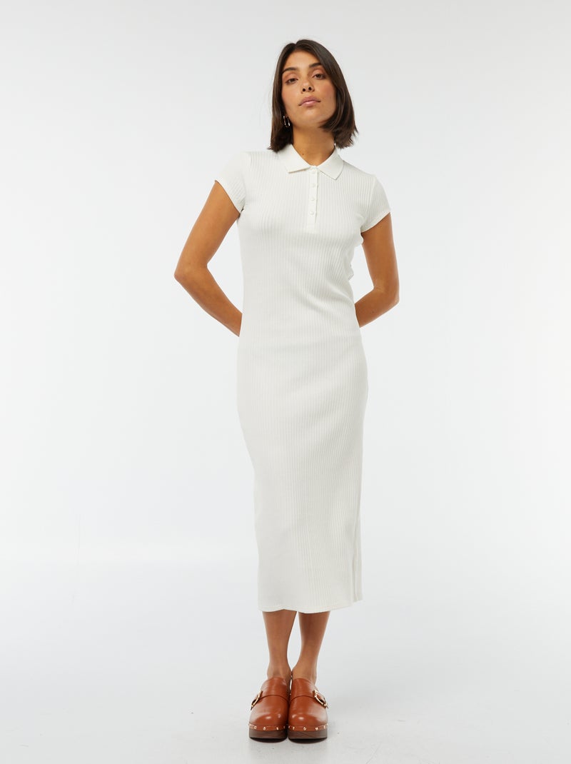Vestido midi canelado com gola polo Branco - Kiabi