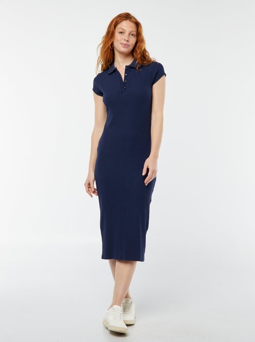 Vestido midi canelado com gola polo - Kiabi