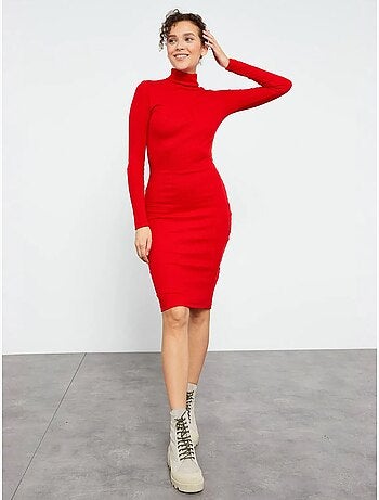 Vestido midi canelado de gola alta tommy