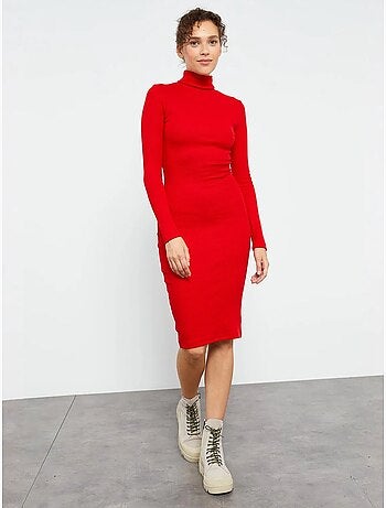 Vestido midi canelado de gola alta tommy