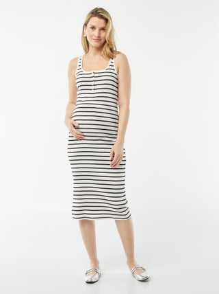 Vestido midi canelado liso com abertura para amamentação