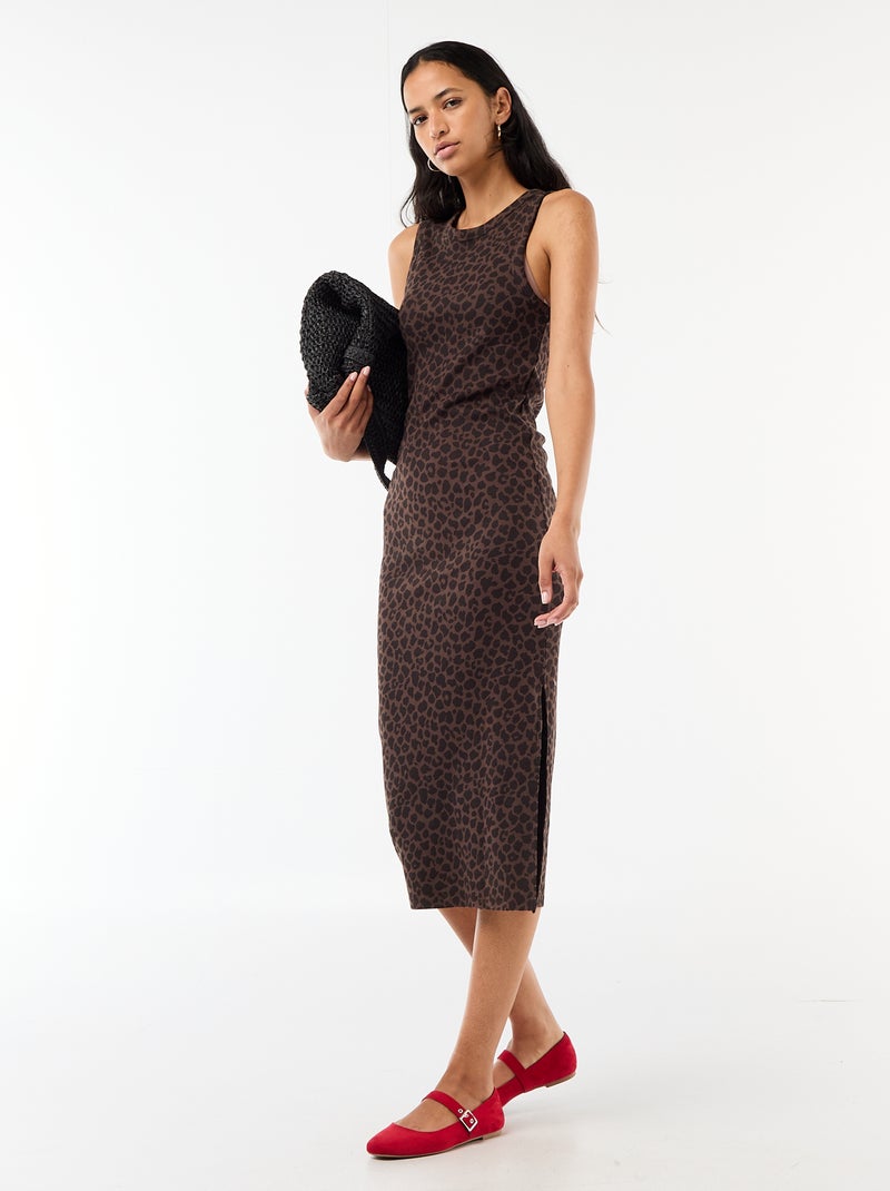 Vestido midi canelado sem mangas Castanho - Kiabi